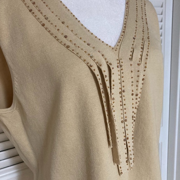 EC Reba Tan Sleeveless Silk Sweater With Front Fringe & Sequins Size XL - Picture 7 of 10